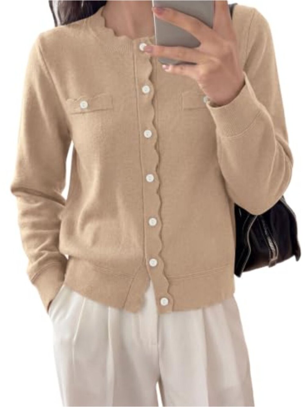 Women's Scalloped Cardigan Pearlescent Buttons Knit Knitwear